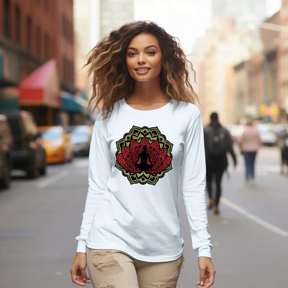 Yoga Red Lotus Flower Meditation Mandala Long Sleeve Shirt Mens Gifts For Yoga Teachers