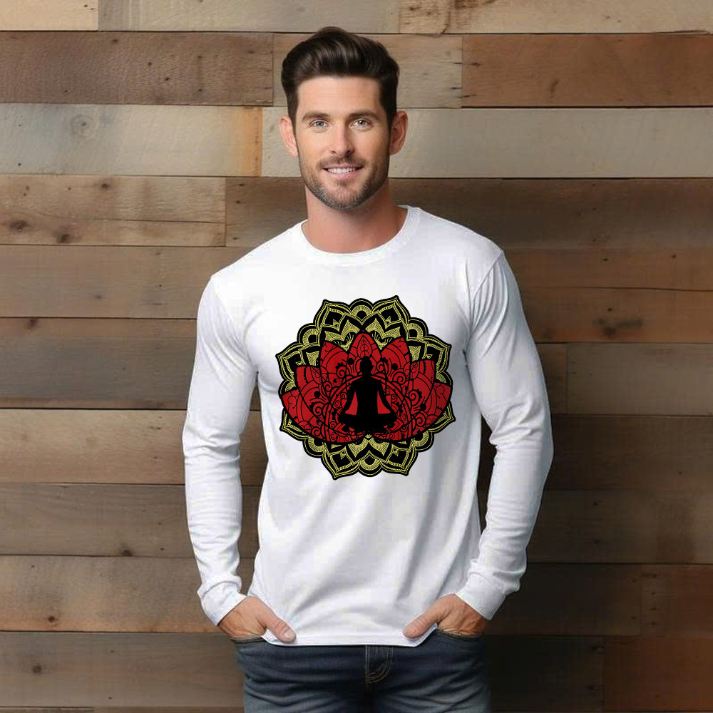 Yoga Red Lotus Flower Meditation Mandala Long Sleeve Shirt Mens Gifts For Yoga Teachers